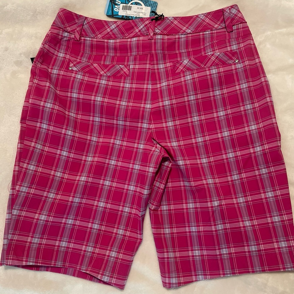 Women’s pink plaid golf shorts